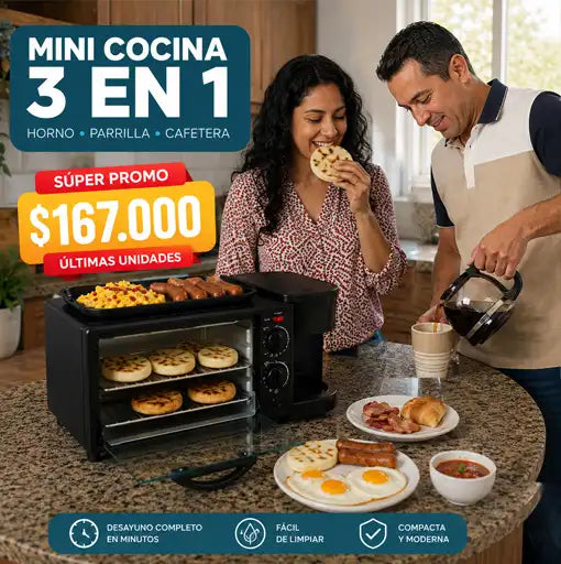 Mini Cocina 3 en 1 🤩🍳🥩🥘☕  Horno - Parrilla - Cafetera